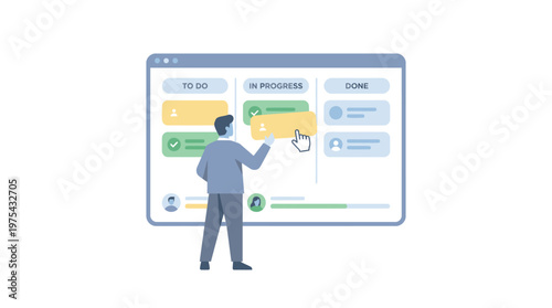 Business professional managing project tasks on a digital Kanban board. EPS Editable. Vector Illustrations.