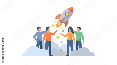 Business Team Launching Rocket Startup Project Concept. EPS Editable. Vector Illustrations.