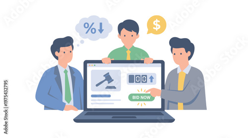 Business team using online auction website on laptop. EPS Editable. Vector Illustrations.