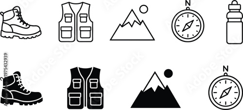 Hiking and outdoor adventure icon set with boots, vest, mountains, compass and water bottle in line and solid vector illustration style