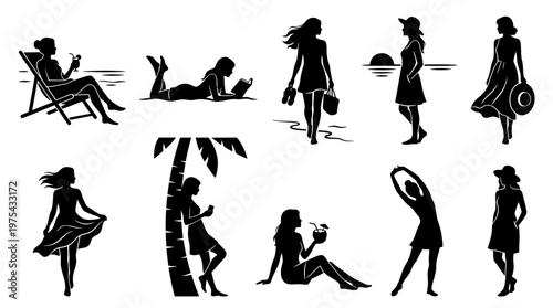 10 Woman Relaxing on Beach Silhouette Vector Pack – Summer Aesthetic Lifestyle SVG Collection