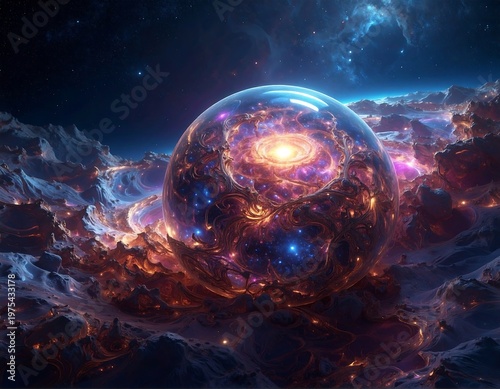 Cosmic orb containing a swirling galaxy nestled in celestial clouds