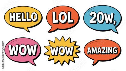 Colorful cartoon speech bubbles showing hello lol wow amazing phrases, internet slang chat elements, fun comic style design, high quality detailed modern elegant stylish vector illustration.
