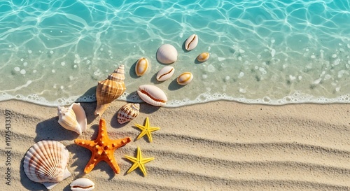Colorful seashells and starfish scattered along a sandy beach shore