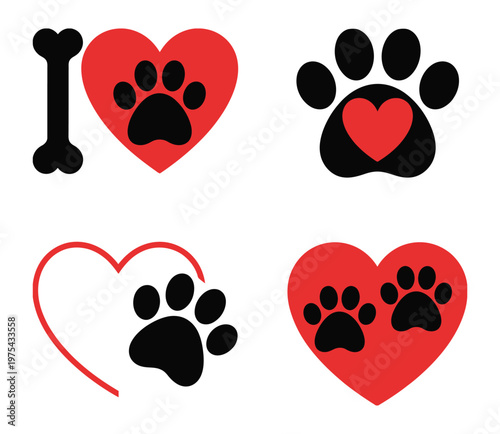 four pet themed heart designs featuring paw prints and heart shapes, combining symbols of love and animals in a clean vector style, suitable for pet branding, veterinary themes, merchandise