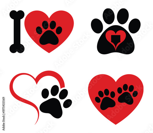 four pet themed heart designs showcasing heart icons integrated with paw prints, representing affection for animals and pet care, crafted as a cohesive vector set ideal for logos, stickers