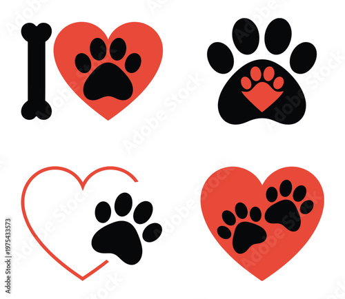four pet themed heart designs featuring paw prints and heart shapes, combining symbols of love and animals in a clean vector style, suitable for pet branding, veterinary themes, merchandise