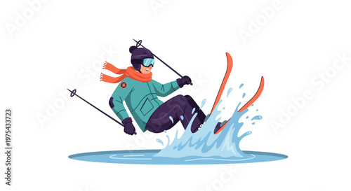 Cartoon skier crashing into water puddle illustration. EPS Editable. Vector Illustrations.