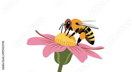 Cartoon illustration of a honey bee gathering nectar on a pink flower. EPS Editable. Vector Illustrations.