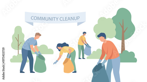 Community Cleanup Volunteer Group Cleaning Up Park. EPS Editable. Vector Illustrations.