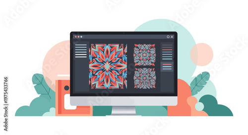 Computer screen displaying complex abstract digital art and design software interface. EPS Editable. Vector Illustrations.