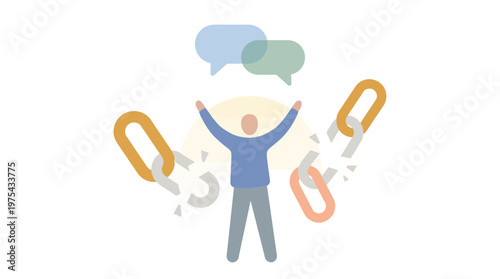 Conceptual illustration of a person breaking free from chains and finding liberation. EPS Editable. Vector Illustrations.