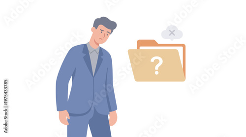 Confused businessman looking at missing file folder icon. EPS Editable. Vector Illustrations.