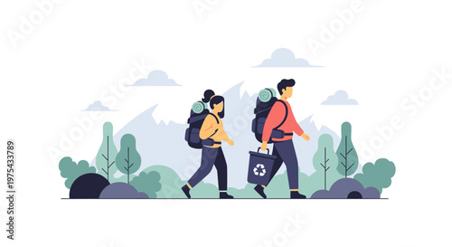 Couple hiking with backpacks and a recycling bag in nature. EPS Editable. Vector Illustrations.