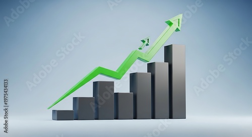 3D green upward growth arrow with rising bar chart on blue sky background Free Download 3D green upward growth arrow with rising bar chart on blue sky background - GFXLoad
