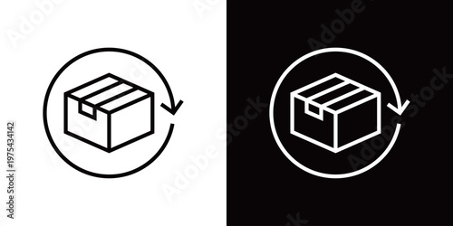 再配達のラインアイコン。白い線と黒い線のモノクロベクターイラストセット
