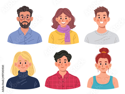Collection of six stylish human avatars in flat vector style