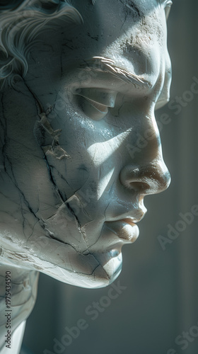 Marble face shows quiet contemplation. Light traces soft curves and deep crevices. Closed eyes suggest peace or introspection. Idealized profile evokes classical beauty. Suitable for art, meditation