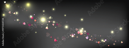 Heart love vector background. Valentine frame. Pink hearts confetti. Scattered love symbols. Random falling heart shape on transparent background. Beautiful Invitation, Greeting Card Illustration.