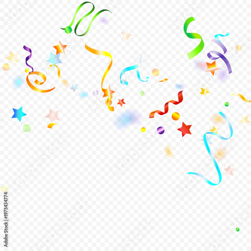 Colorful Serpentine. Holiday Foil Streamers Ribbons. Confetti Star Falling on Transparent Background. Party, Birthday Vector Template. Sparkle Serpentine. Celebration Elements. Bright Festive Tinsel.