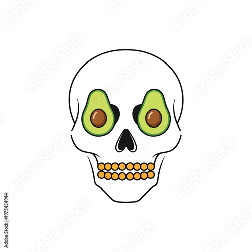 Playful avocado skull vector illustration on a clean background, a creative and healthy food concept graphic art for humorous design.
