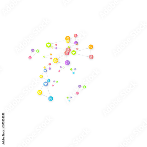 Social media marketing, Communication networking concept. Random icons social media services tags linked on white background. Comment, friend, like, share, target, message. Vector Internet concept.