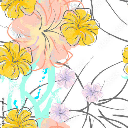 Pink Flowers Blooming Pattern. Pastel Watercolor Floral Print. Little Pink, Yellow, Lilac flower on grey leaf. Elegant brush Background. Seamless Botanical Vector Surface. Texture For Fashion Prints.