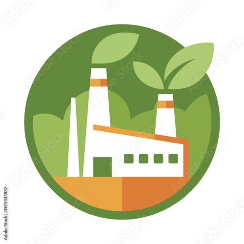 Green eco friendly production factory color icon featuring a sustainable industrial building with greenery elements such as leaves, clean energy symbols, and environmentally conscious design
