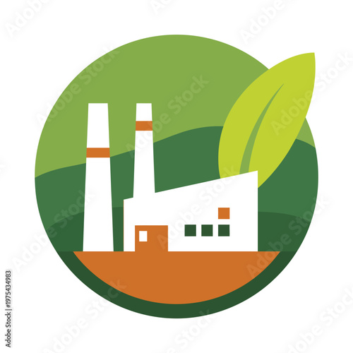 Green eco friendly production factory color icon featuring a sustainable industrial building with greenery elements such as leaves, clean energy symbols, and environmentally conscious design