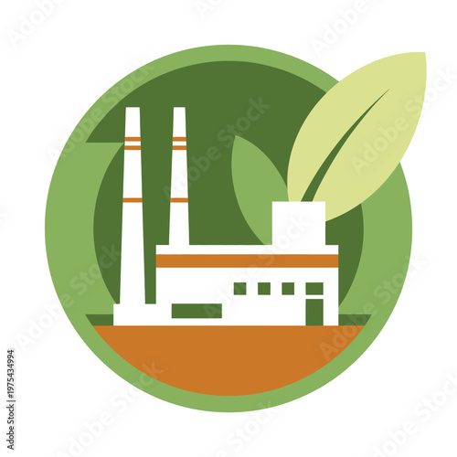 Green eco friendly production factory color icon showcasing an industrial plant combined with nature elements like trees, leaves, and renewable energy indicators, crafted as a vibrant vector