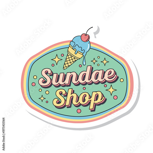 Retro Ice Cream Sundae Shop Sign Illustration with Playful Colors and Vintage Charm