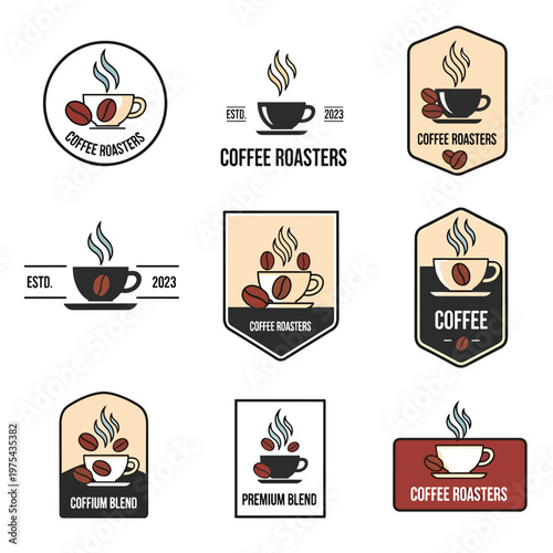 Collection of modern vector coffee roasters emblems and badges featuring cups and beans