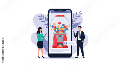 People using mobile phones next to a giant smartphone displaying gumball machine for digital rewards and gaming.