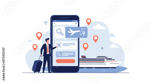Business traveler with suitcase standing next to large phone for mobile flight and hotel booking and trip planning.