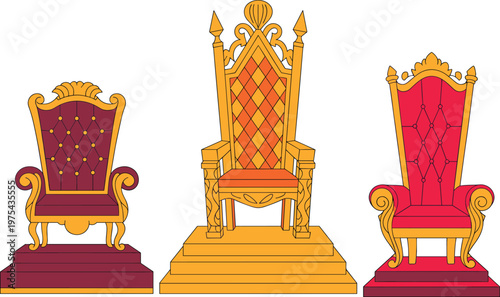 Luxury royal throne chair set with golden ornate design, king and queen seats, vintage furniture vector illustration isolated on white background