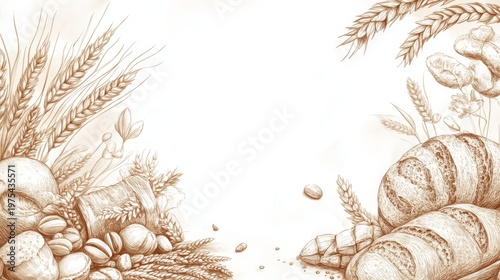 Bakery concept background featuring hand-sketched cereal plant elements, arranged with grain sacks and bread outlines in monochrome