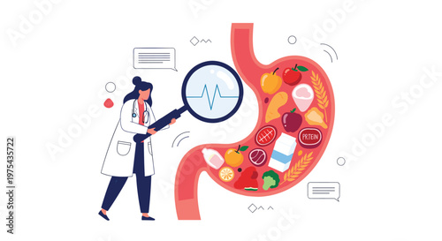 Female doctor uses a magnifying glass to inspect various food items inside a human stomach to promote healthy digestive system habits.