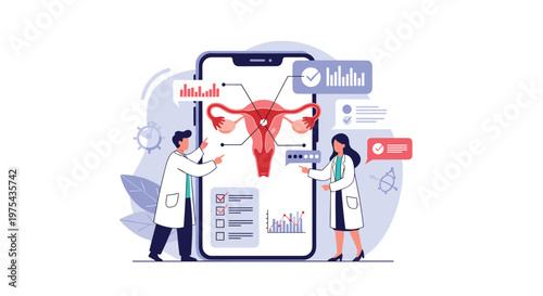 Medical professionals use a giant smartphone to examine and monitor the health of the female reproductive system with digital data.