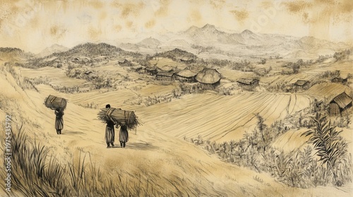 Detailed sketch-style artwork showing a group of farmers carrying harvested rice bundles over shoulders, with distant terraced fields and village huts