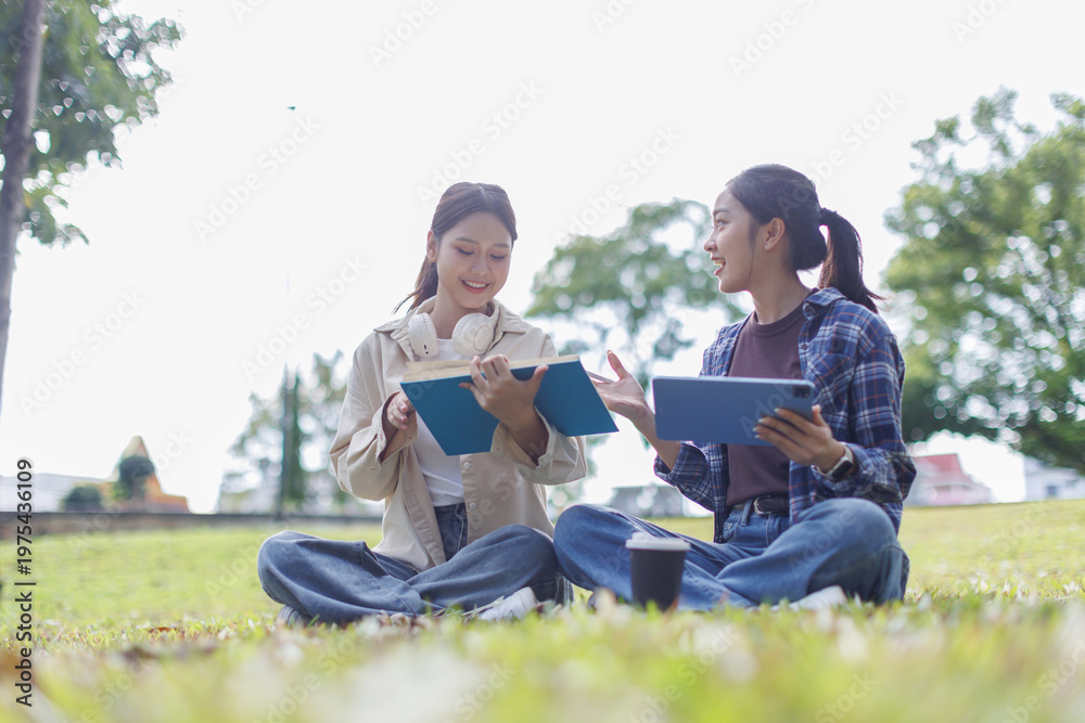 Fototapeta premium University students studying outdoors on campus grass