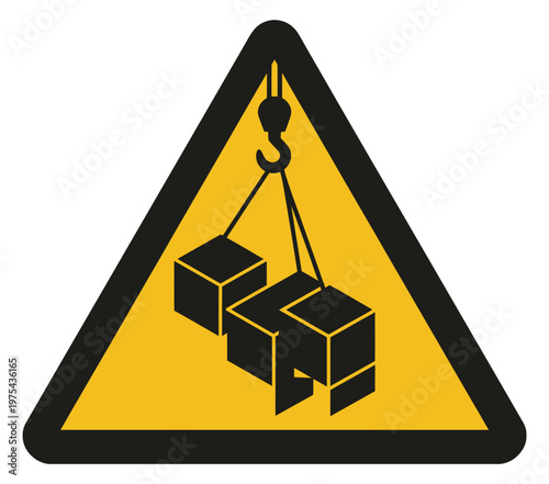 Izaje de cargas, cargas colgadas o suspendidas, objetos que caen, riesgo de accidente, precaución señal símbolo, hoisting of loads and suspended loads warning sign, designed as a clear vector 