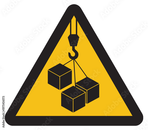 Izaje de cargas, cargas colgadas o suspendidas, objetos que caen, riesgo de accidente, precaución señal símbolo, hoisting of loads and suspended loads warning sign, designed as a clear vector 