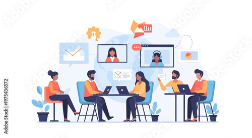 Diverse Business Team Collaborating in a Modern Office Environment. EPS Editable. Vector Illustrations.