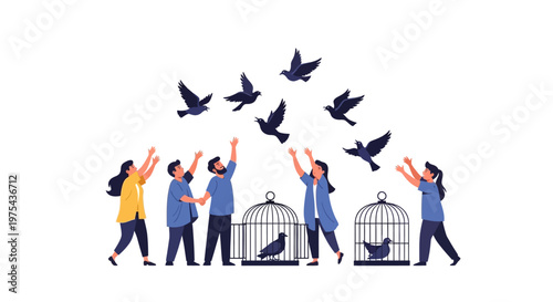 Diverse Group of People Releasing Pigeons from Cages for Peace and Freedom Concept. EPS Editable. Vector Illustrations.