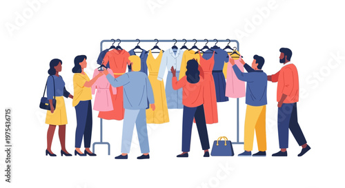 Diverse group of people shopping for clothes at a clothing store rack. EPS Editable. Vector Illustrations.