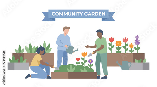 Diverse Group of People Working Together in a Community Garden. EPS Editable. Vector Illustrations.