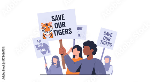 Diverse group of protesters holding signs to save endangered tigers. EPS Editable. Vector Illustrations.