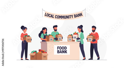 Diverse group of volunteers organizing donations at a local community food bank. EPS Editable. Vector Illustrations.