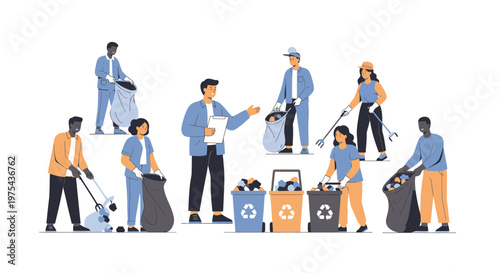 Diverse Group of Volunteers Collecting Trash and Sorting Waste for Recycling. EPS Editable. Vector Illustrations.