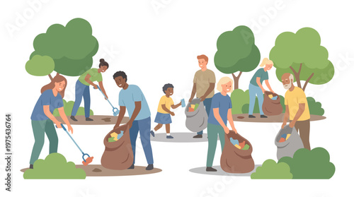 Diverse Group of Volunteers Cleaning Up Trash in a Park. EPS Editable. Vector Illustrations.